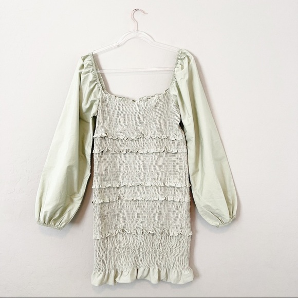 Topshop Women's Smocked Mini Dress Off The Shoulder Balloon Sleeve Green 10 - Picture 7 of 7